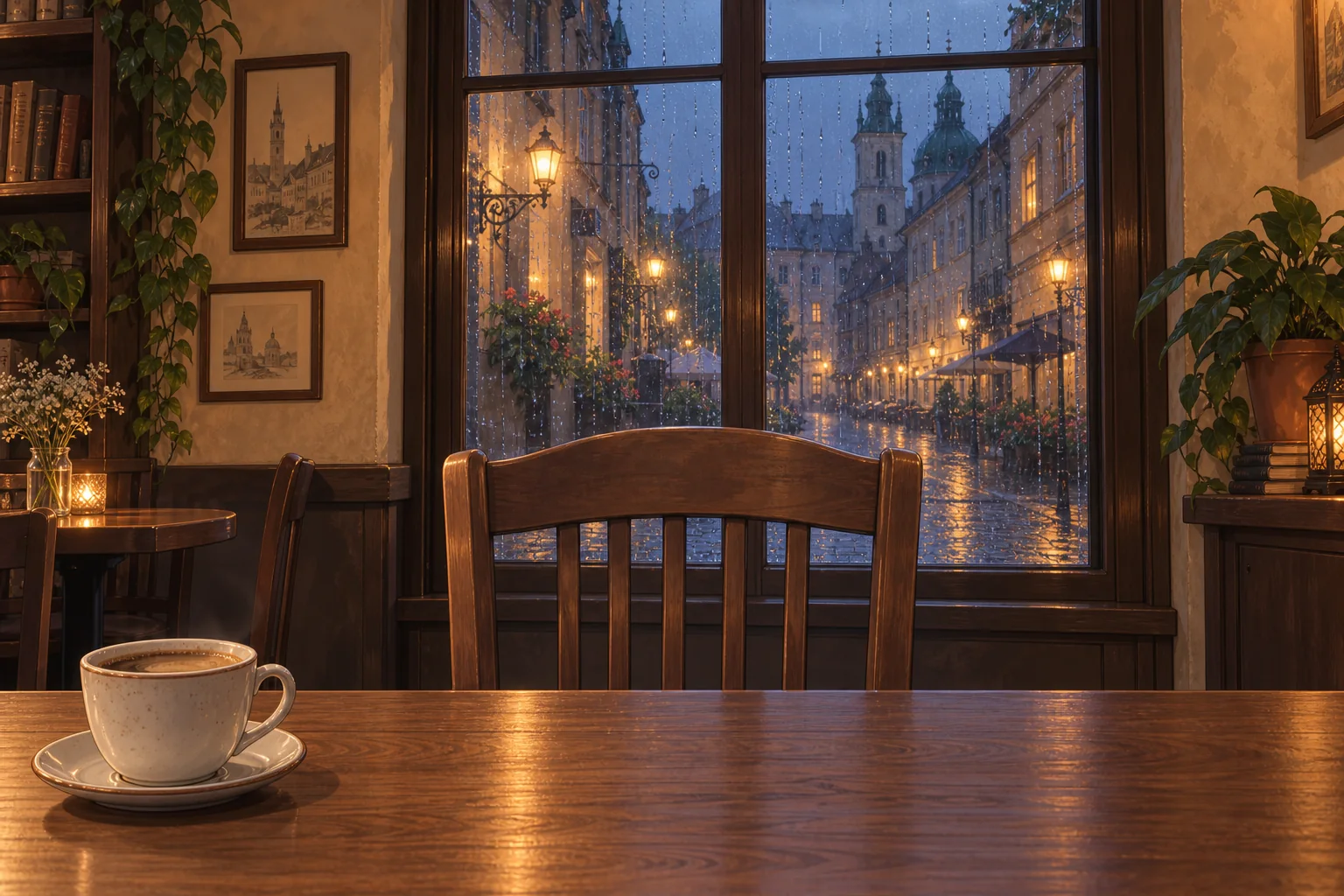 Ein leerer Platz an einem Cafétisch, eine Tasse Kaffee wartet